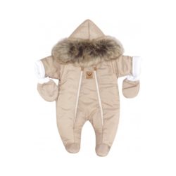 Z&Z Zimní kombinéza s dvojitým zipem, kapucí a kožešinou + rukavičky, Angel - béžová