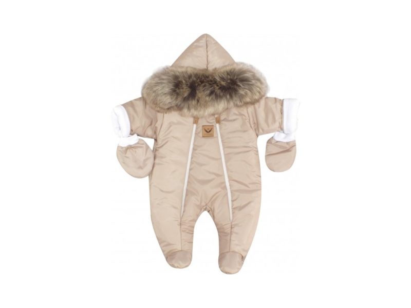 Z&Z Zimní kombinéza s dvojitým zipem, kapucí a kožešinou + rukavičky, Angel - béžová